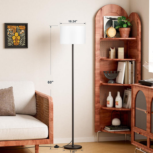 Modern Fabric Floor Lamp – 60" Tall Standing Lamp with White Lampshade and Black Metal Base for Living Room, Bedroom, and Study
