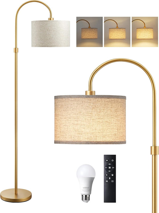 Modern Arc Floor Lamp – 61.8" Tall Gold Metal Stand with Fabric Shade, Includes Bulb, Weighted Base Standing Lamp for Living Room, Bedroom, Nursery, or Study