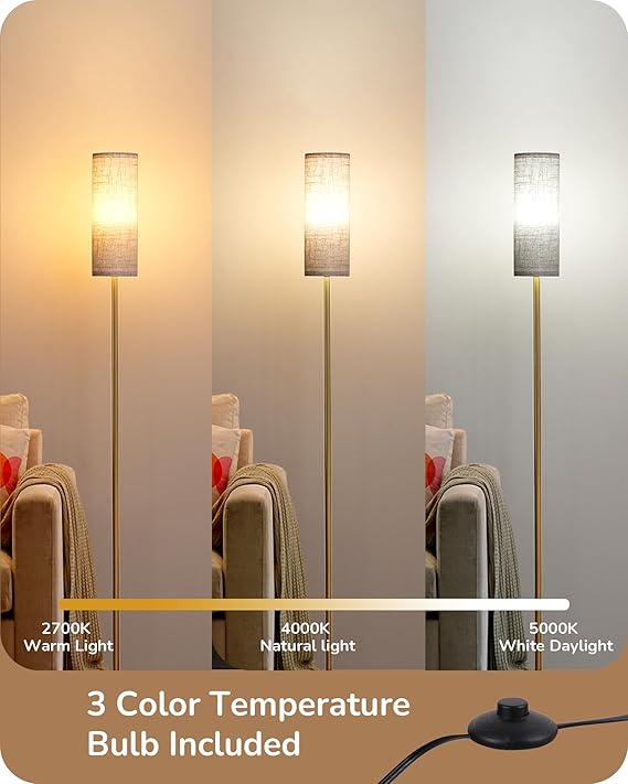 Modern Nordic Gold Floor Lamp – 63.8" Tall with Long Fabric Shade & Sturdy Metal Base, Foot Switch Standing Lamp for Living Room, Bedroom, or Study