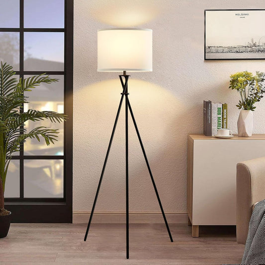Modern Tripod Floor Lamp – 61" Tall Black Metal Stand with White Linen Shade, Minimalist Standing Lamp with Rotary Switch for Living Room, Bedroom, or Study