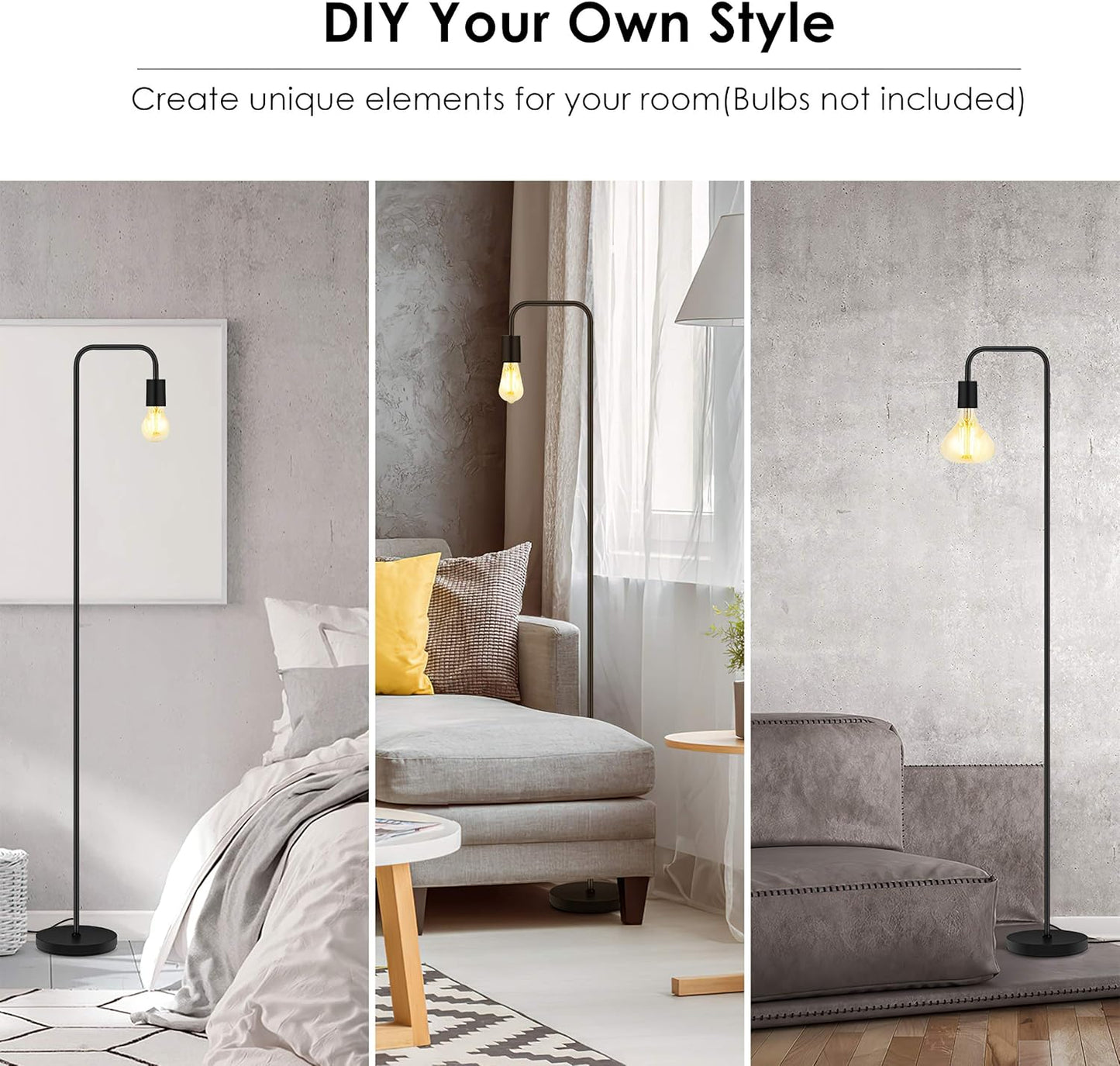 Modern Minimalist Floor Lamp – 63" Tall Black Metal Stand with Exposed Bulb Design & Foot Switch, Industrial Style Standing Lamp for Living Room, Bedroom, or Study