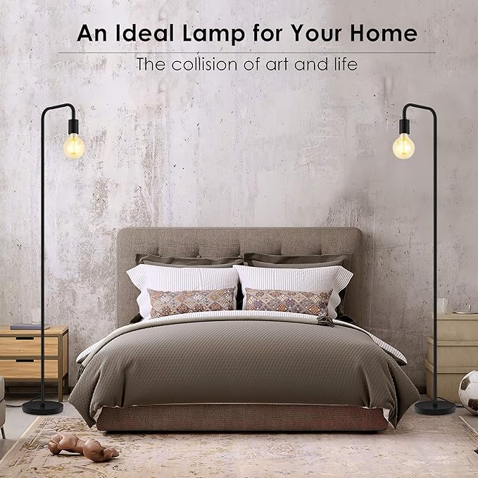 Modern Minimalist Floor Lamp – 63" Tall Black Metal Stand with Exposed Bulb Design & Foot Switch, Industrial Style Standing Lamp for Living Room, Bedroom, or Study